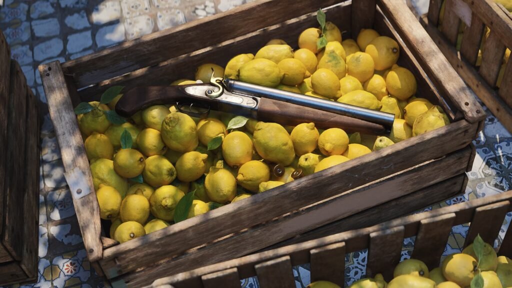 A shotgun hidden in a box of lemons in Mafia The Old Country.