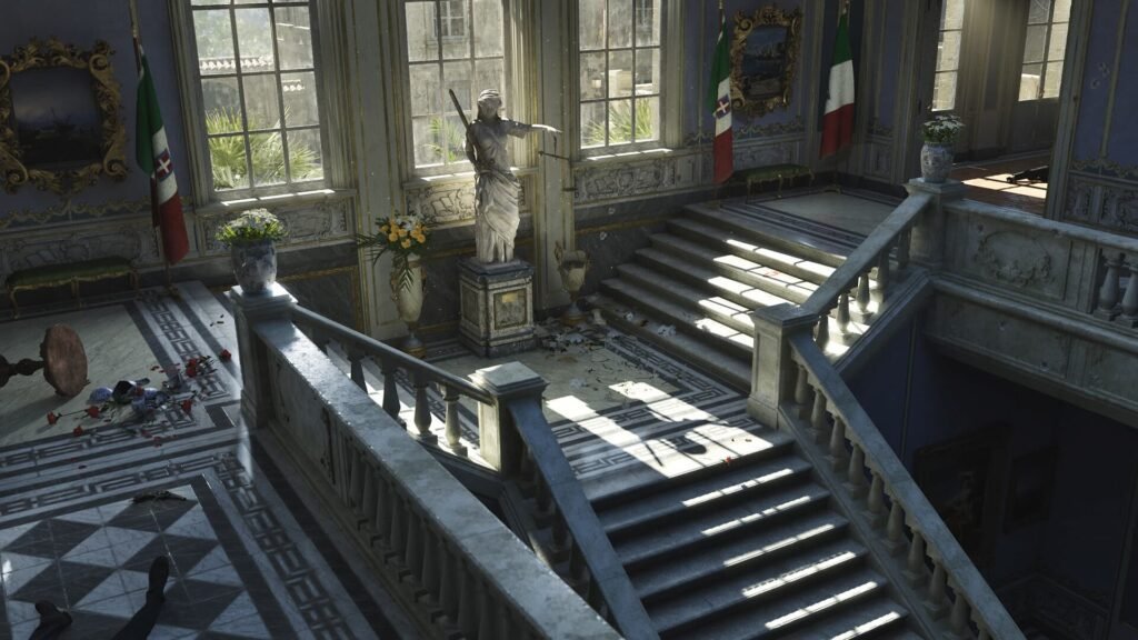 A statue standing alone in a compound that is in distress in Mafia The Old Country.