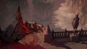A warrior looking down from a bridge in Path of Exile 2