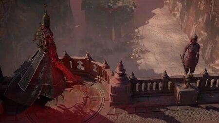 A warrior looking down from a bridge in Path of Exile 2