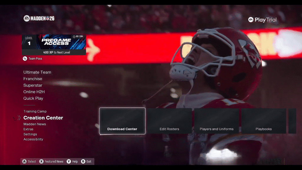 The Madden NFL 26 main menu showing the Creation Center with options to download or edit rosters