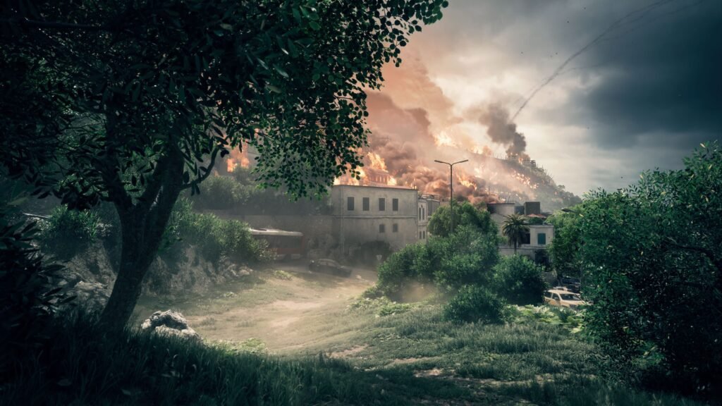 Burning buildings and destroyed vehicles in the Iberian Offensive map in Battlefield 6