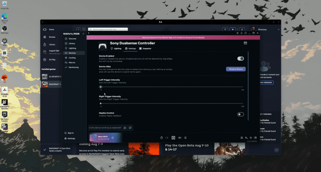 Turning off the adaptive trigger option for Battlefield 6 through SignalRGB