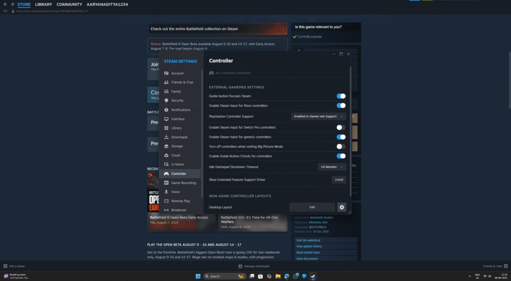 Turning off the adaptive trigger option for Battlefield 6 from Steam settings