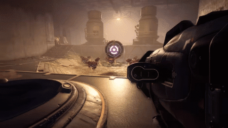 Locked and loaded, a Guardian takes aim at robotic enemies in Destiny: Rising