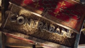 Contraband logo inside of a treasure chest with hay and straw