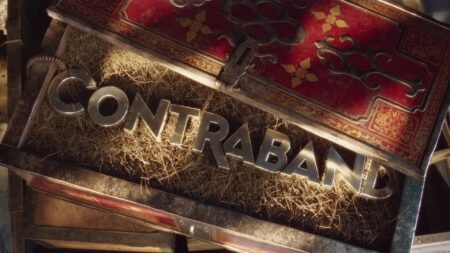 Contraband logo inside of a treasure chest with hay and straw