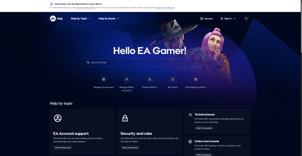 Official customer support page of EA Games