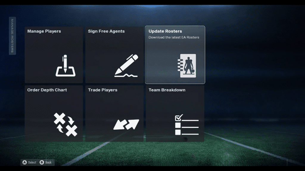 The Madden NFL 26 roster management screen showing options like Update Rosters, Manage Players, and Trade Players