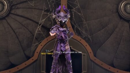 The masked Stranger pointing at the player in Grounded 2.
