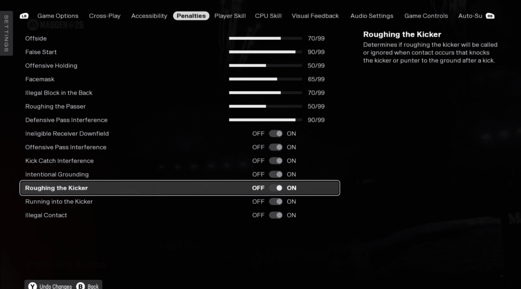 The Penalty settings menu in Madden NFL 26