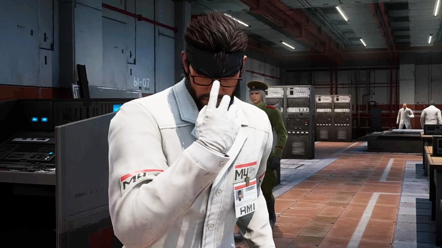All Camos and Face Paint in Metal Gear Solid Delta Nake Snake fixing his glasses while dressed as a scientist in Metal Gear Solid Delta Snake Eater