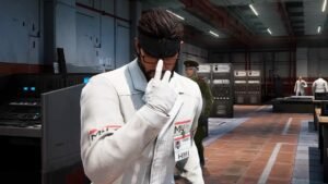 Nake Snake fixing his glasses while dressed as a scientist in Metal Gear Solid Delta Snake Eater