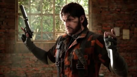 Nake snake holding his weapon up in Metal Gear Solid Delta