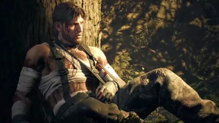 Nake snake laying on the ground and beaten up in Metal Gear Solid Delta