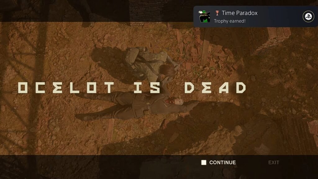 What Happens if You Kill Ocelot in Metal Gear Solid Delta? | | GamesHorizon Naked Snake and Ocelot after one is killed and the message Ocelot is Dead is on screen with a trophy appearing in Metal Gear Solid Delta Snake Eater