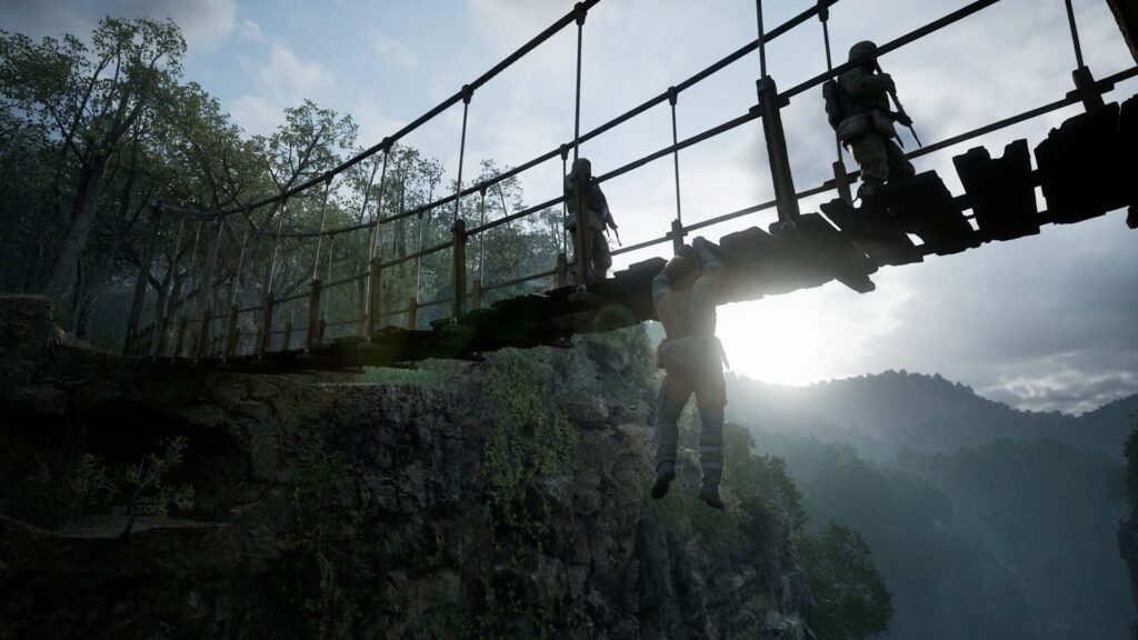 Naked Snake holding onto a bridge in Metal Gear Solid Delta Snake Eater