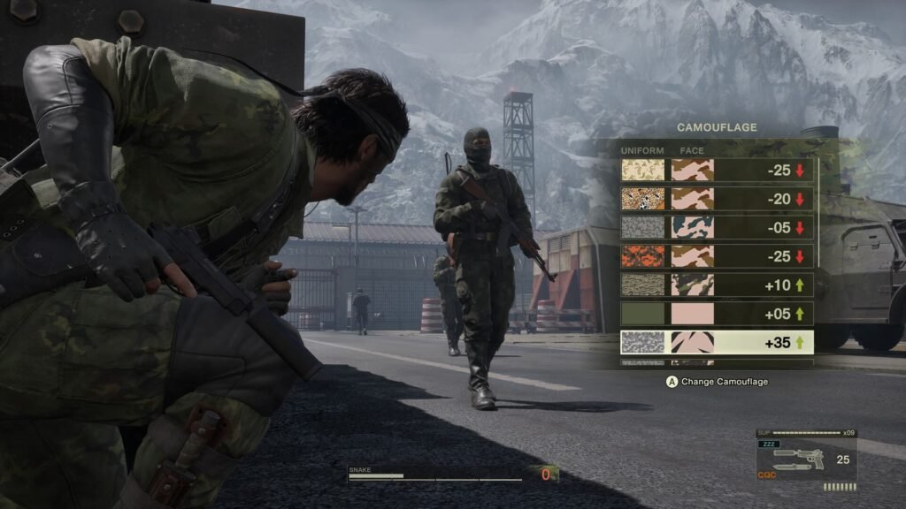 Naked Snake looking at an enemy around the corner in Metal Gear Solid Delta Snake Eater
