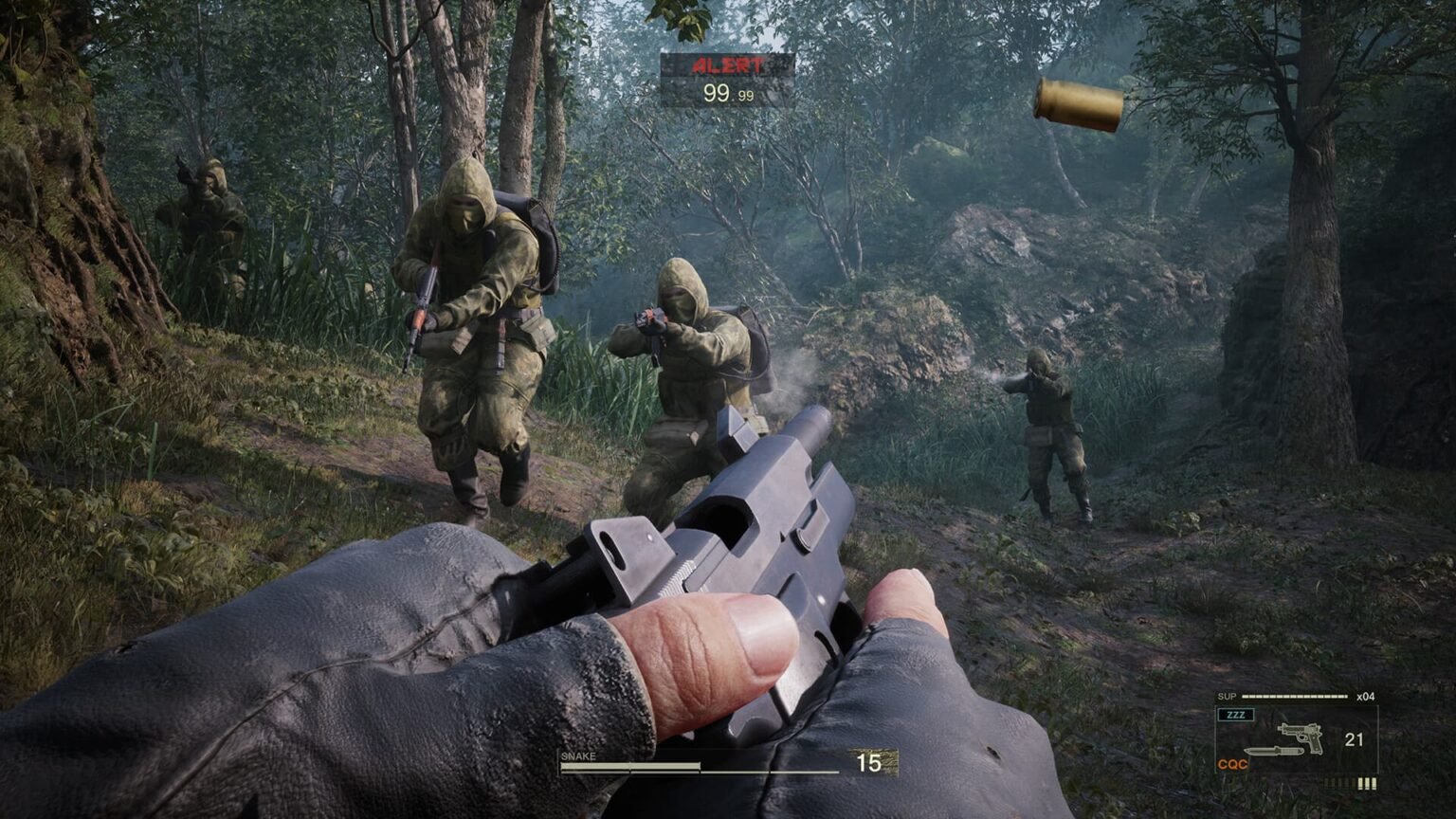 Naked Snake reloading in front of enemies in Metal Gear Solid Delta Snake Eater