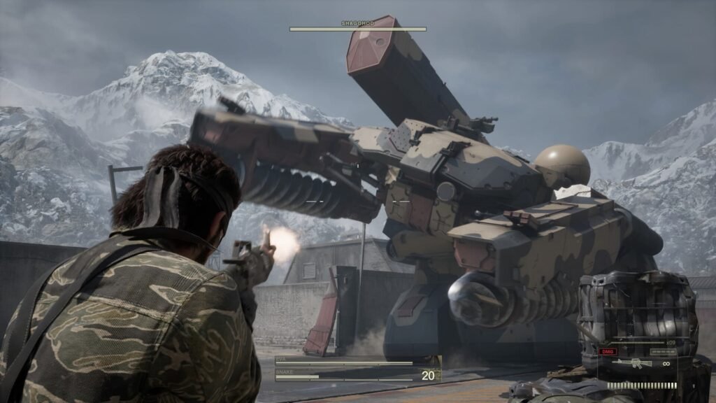 Naked Snake shooting at a metal gear in Metal Gear Solid Delta Snake Eater