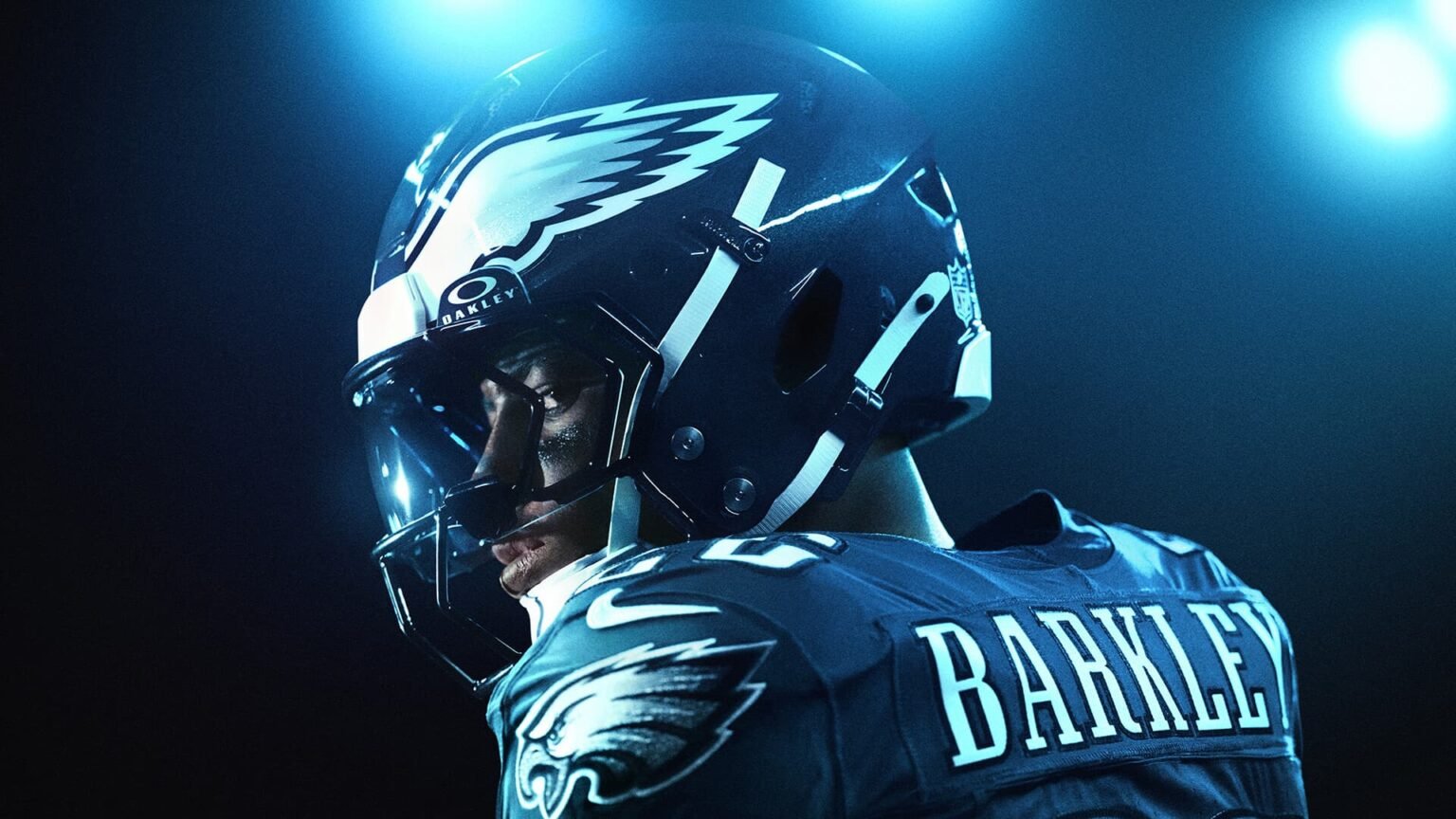 Saquon Barkley, a running back from the Philadelphia Eagles looking back at the camera in Madden 26