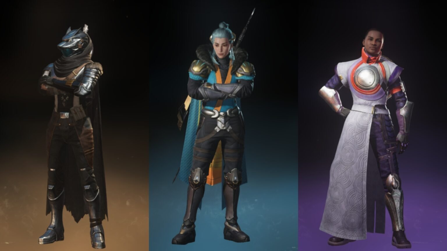Screenshots of Wolf, Ning Fei, and Ikora Rey from left to right from their Preview screen in Destiny Rising