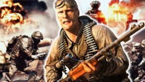 Soldiers from Battlefield 6 having to fight in war while one remains in the front with a weapon.