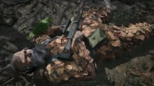 The end dying with a bird on him in Metal Gear Solid Delta Snake Eater