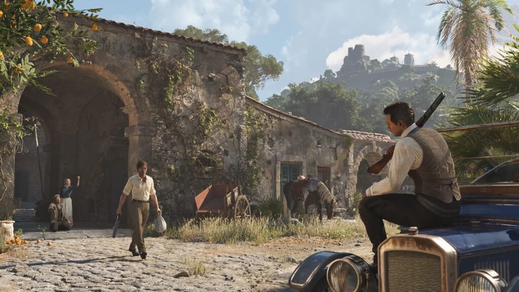 The main character from Mafia The Old Country getting a bad of goods and heading to a car.