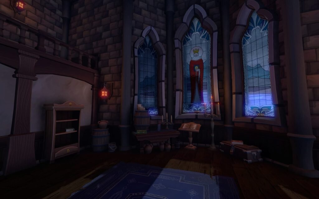 The player looking at a room with windows in We Were Here
