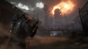 The player rushing towards an enemy while the sky is glowing red in Cronos The New Dawn