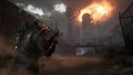 The player rushing towards an enemy while the sky is glowing red in Cronos The New Dawn