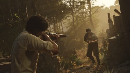 The player shooting at an enemy in Mafia The Old Country