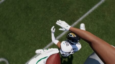 The view of a player jumping over another in Madden NFL 26