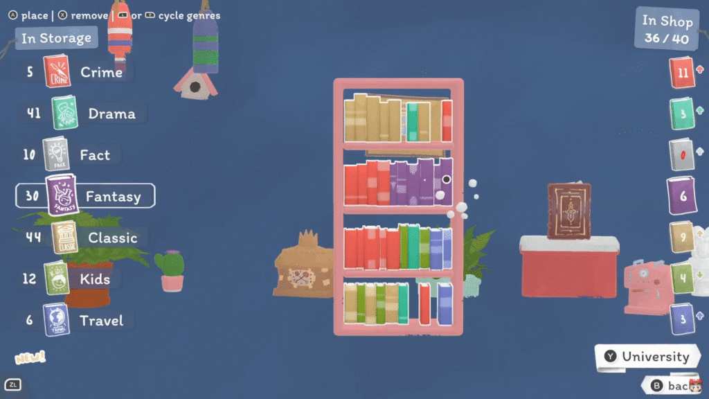 Organizing books on your bookshelf in Tiny Bookshop