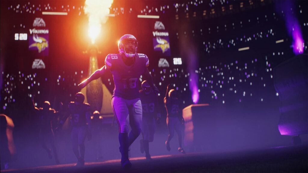 Viking Football players in Madden 26 running out into the arena