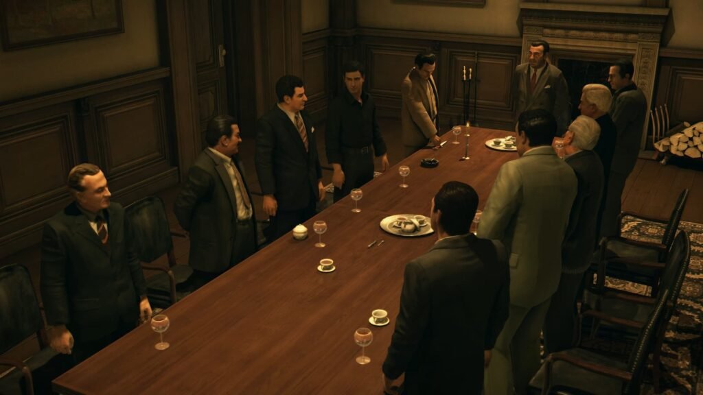 Vito and Joey and others in a meeting with a giant table in Mafia 2.