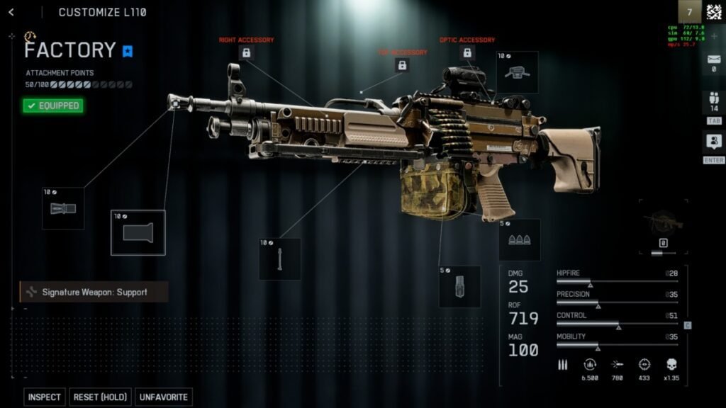 Weapon attachment menu showcasing L110 LMG in Battlefield 6