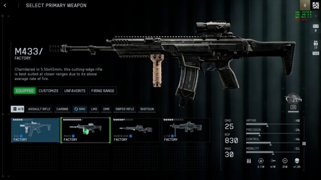 Weapon loadout option showcasing M433 in Battlefield 6