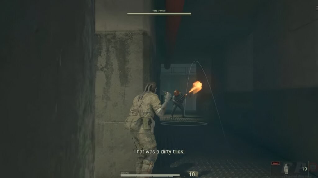 Player is sneakily throwing a molly at the Fury in Metal Gear Solid Delta: Snake Eater