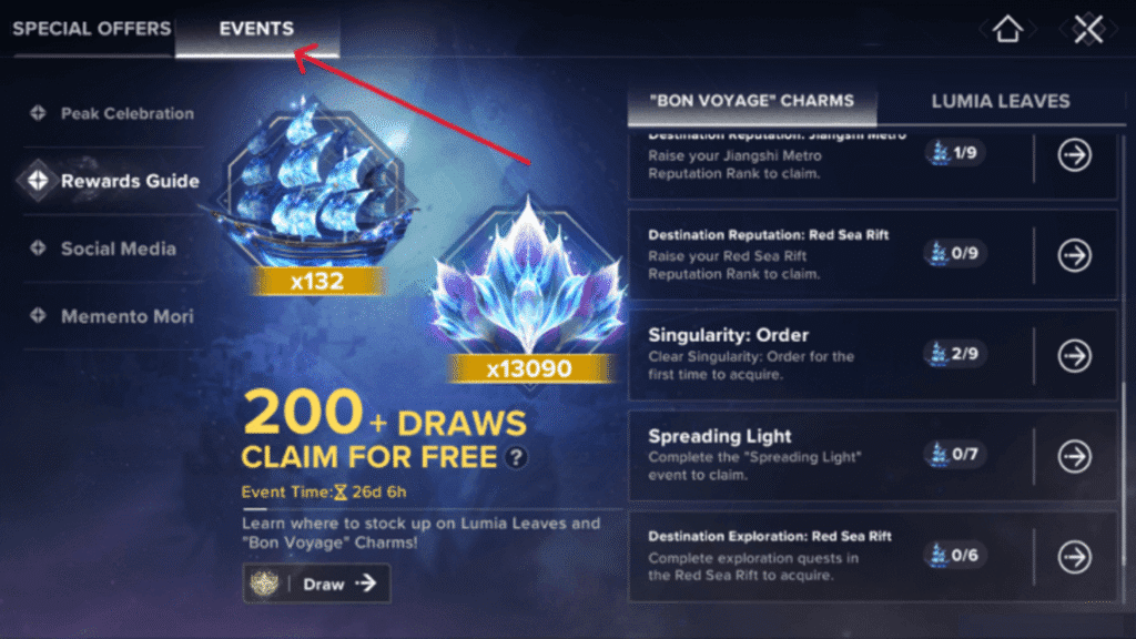 How to get Free Pulls in Destiny Rising | Free Pulls in Destiny Rising | GamesHorizon An Arrow pointing to the events tab location in Destiny Rising