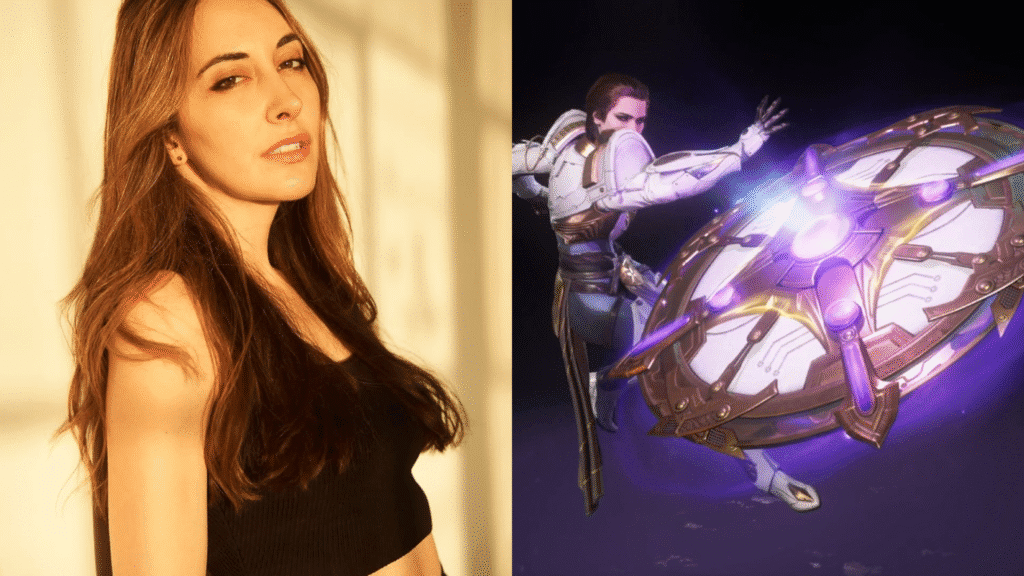 Jolder from Destiny Rising alongside her VA, Sarah Natochenny