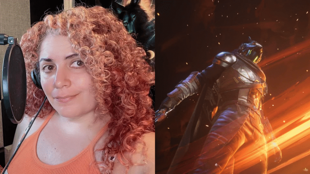 Wolf from Destiny Rising alongside his VA, Heather Gonzalez