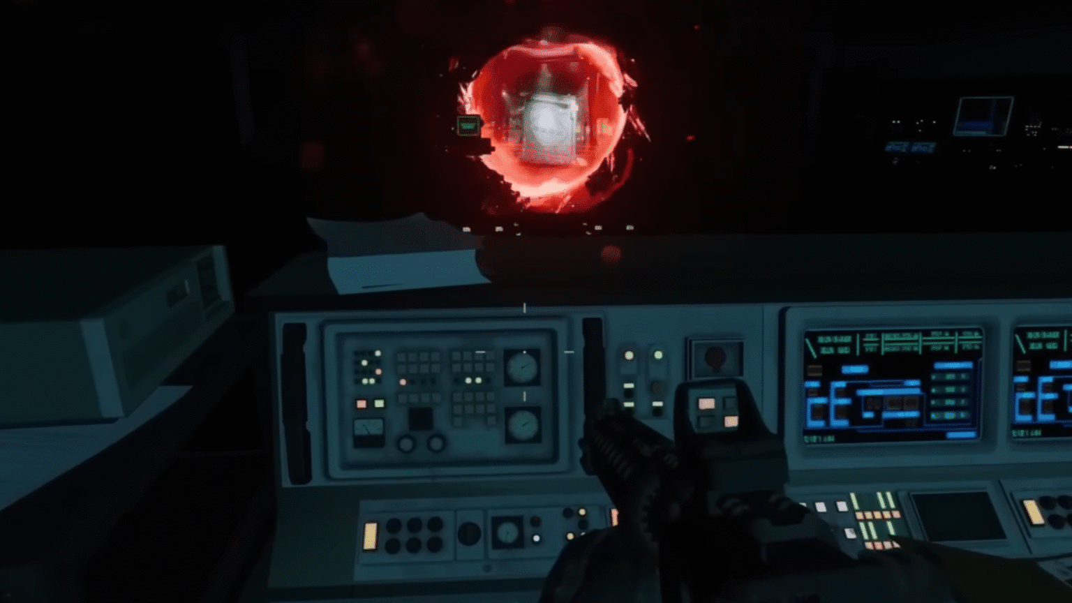 A rifle is held in the player's hands, aimed toward the center of the screen.