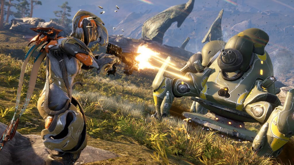 Fighting a mechanized turret-type enemy in Warframe