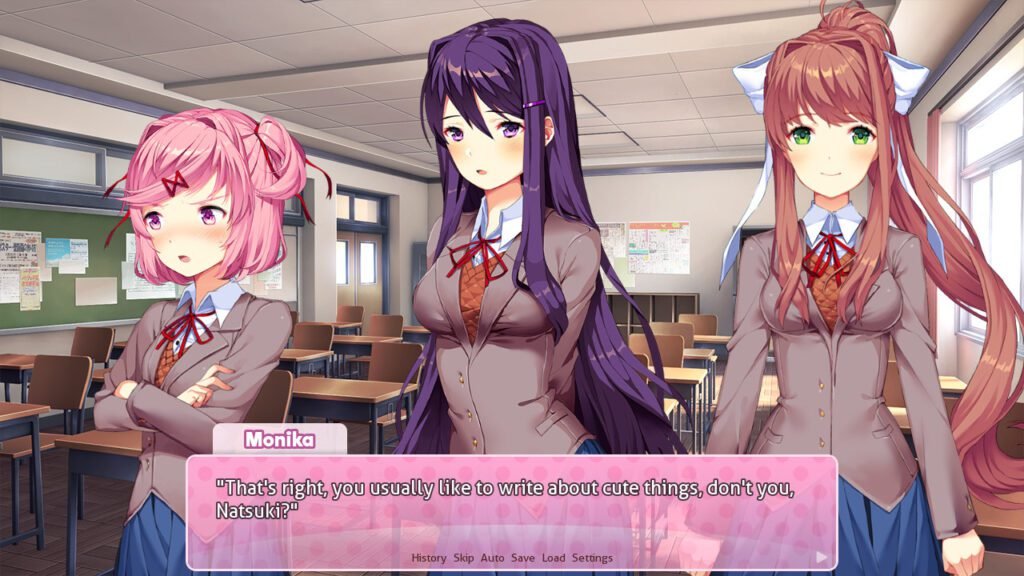 Monika, alongside two other classmates, in Doki Doki Literature Club!