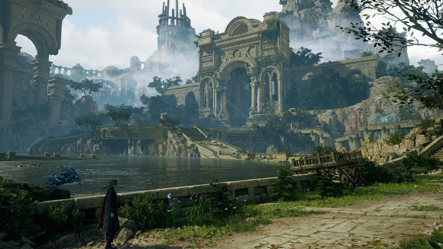 A breathtaking shot from Lost Soul Aside, showcasing its grand ruins, lush landscapes, and cinematic world design
