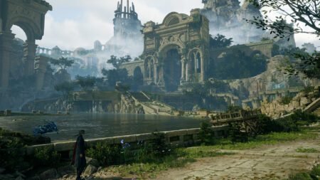 A breathtaking shot from Lost Soul Aside, showcasing its grand ruins, lush landscapes, and cinematic world design