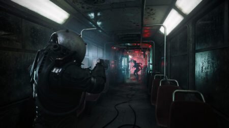 A time traveller in Cronos: The New Dawn confronts a twisted creature inside a dark, abandoned train