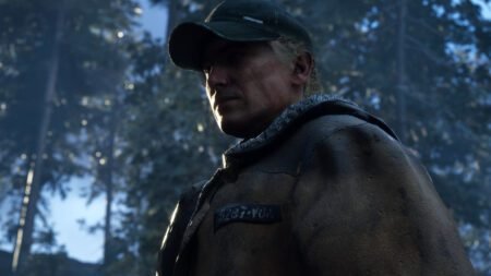 Remi disguised as a townsperson and standing in the woods